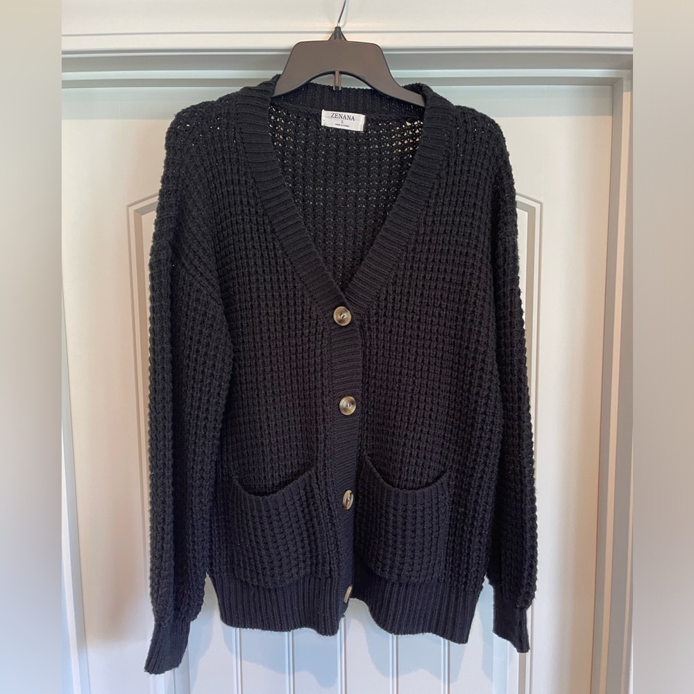 Zenana waffle knit black cardigan